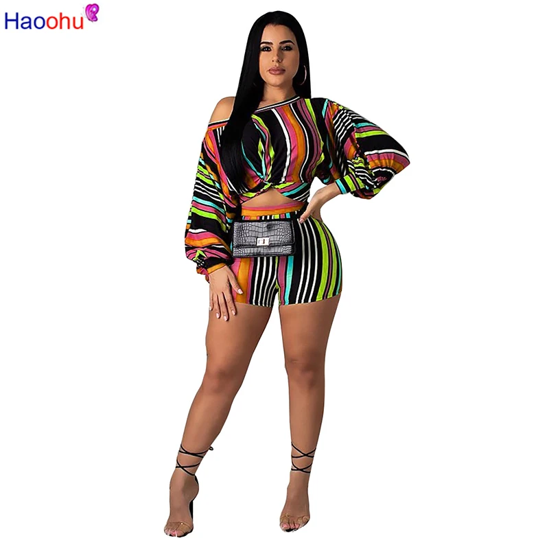 Повседневный комплект HAOOHU из двух предметов в полоску укороченный топ с