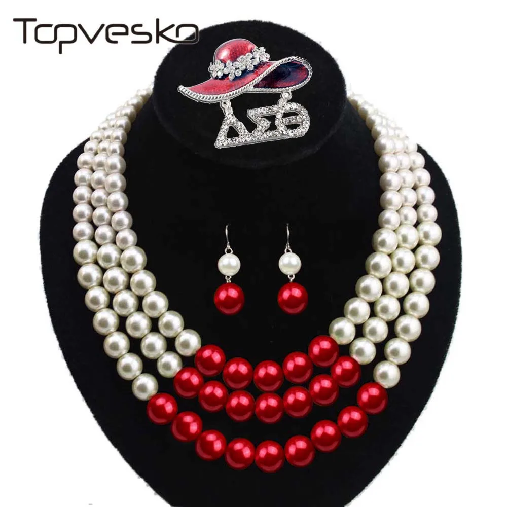 Topvesko африканские бусины ювелирных изделий, имитация жемчуга, ожерелье для женщин икона стиля, ожерелье Дельта Сигма Тета жемчуг, колье, набор с - Окраска металла: Pearl set W brooch 2