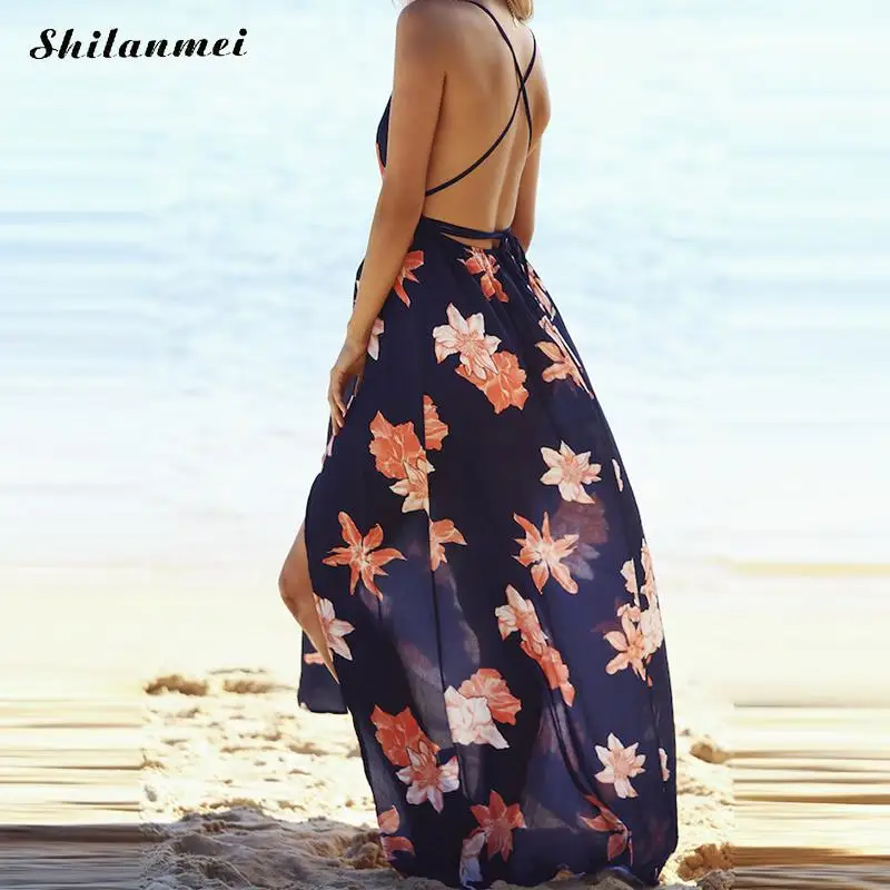 Глубокий V синий цветочный Спагетти ремень пляжное платье Купальник летняя