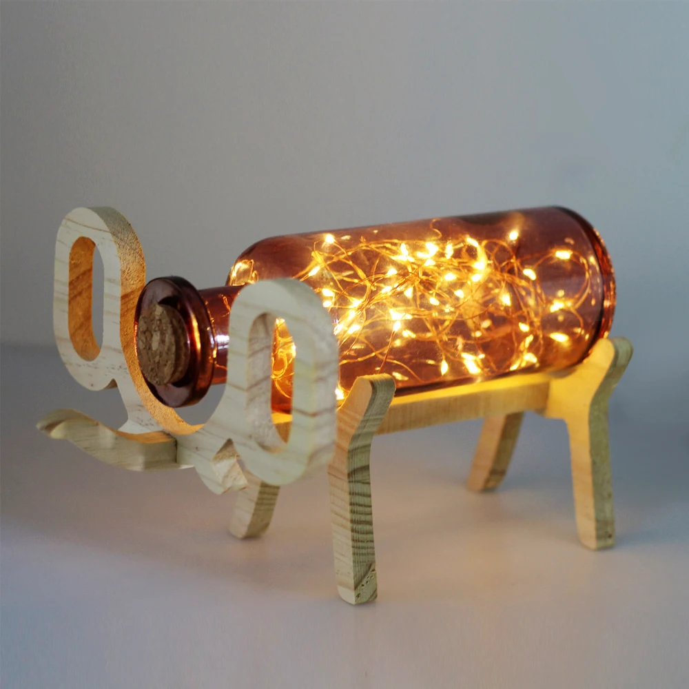 

Copper Wire Led Night Light USB Charging Wooden Elephant Glass Bottle Lamp Led Lights for Home
