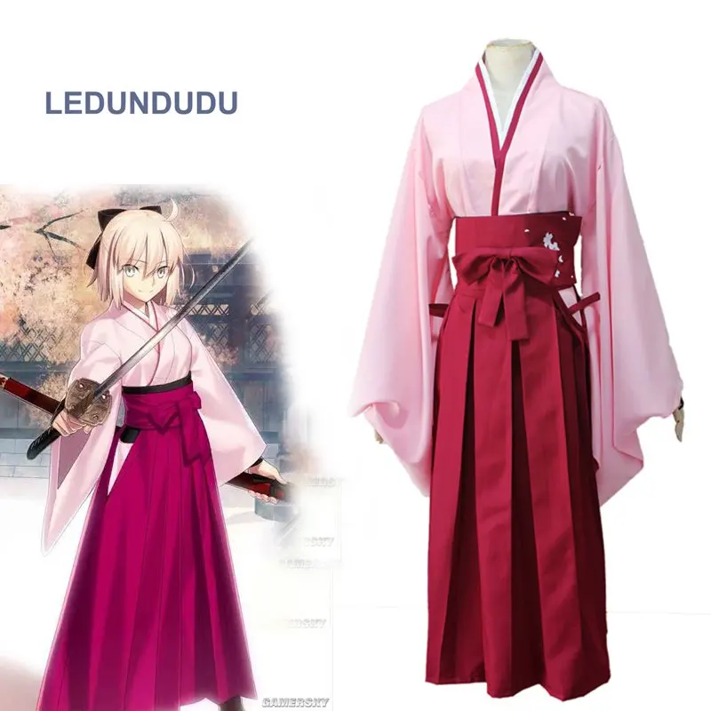 

Anime Fate Grand Order Okita Souji Saber Cosplay Costumes Fate Stay Night Women Fancy Party Kimono Outfit Set for Halloween
