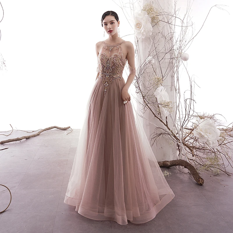 SSYFashion, новинка, высококачественное вечернее платье, с лямкой через шею, с блестками, с бисером, длина до пола, с открытой спиной, для выпускного вечера, вечерние платья на заказ, Robe De Soiree