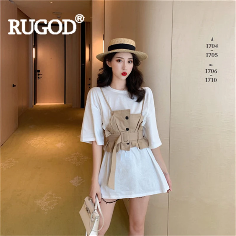Женская футболка RUGOD однотонная свободная с круглым вырезом + шорты поясом Новое