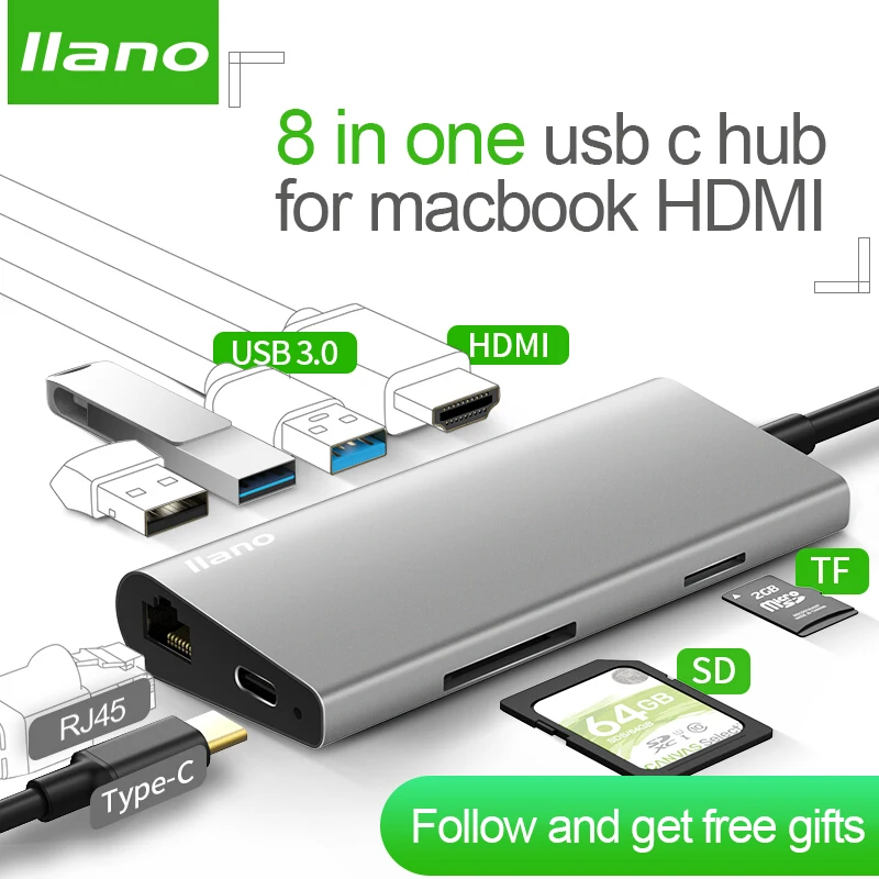 Llano USB док-станция все-в-одном USB-C к HDMI кард-ридер RJ45 PD адаптер для MacBook samsung Galaxy S9/S8/S8+ type C концентратор