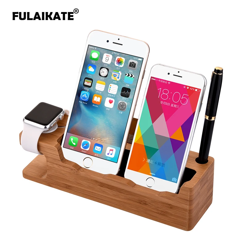 fulaikate bamboo wood charging stand for iphone desk holder for ipad docking station tablet pc mobile phone pen card slot free global shipping