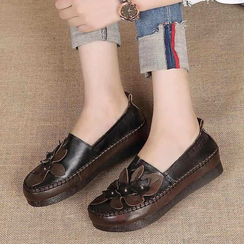 

GKTINOO Retro Handmade Genuine Leather Loafers Flat Shoes Women Spring Round Toe Appliques Soft Slip-On Casual Lady Flat Shoes
