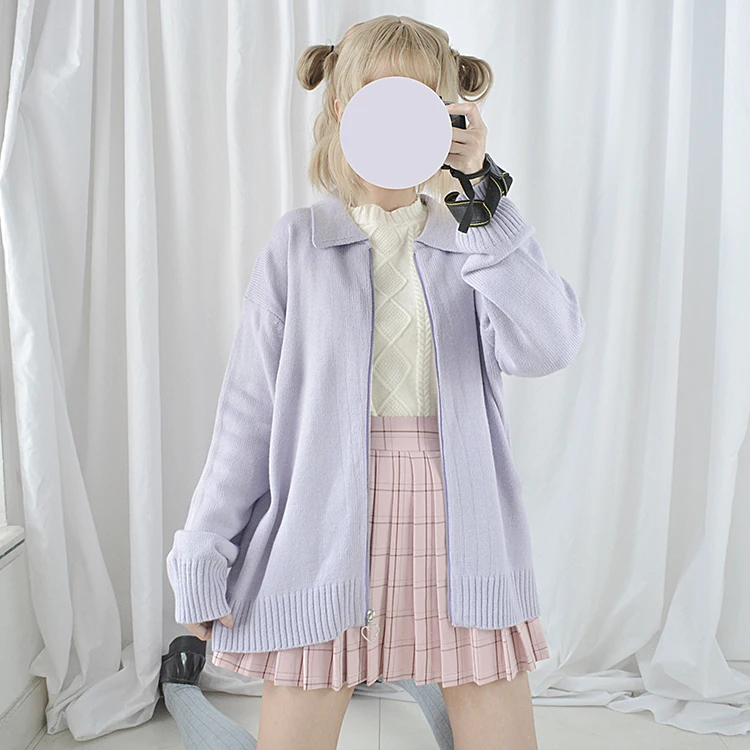 Cute Pure Color Heart Zipper Women's Sweater Preppy Style Long Sleeve Turn Down Collar Knitted Cardigan Teen Girls Sweaters 2018 |