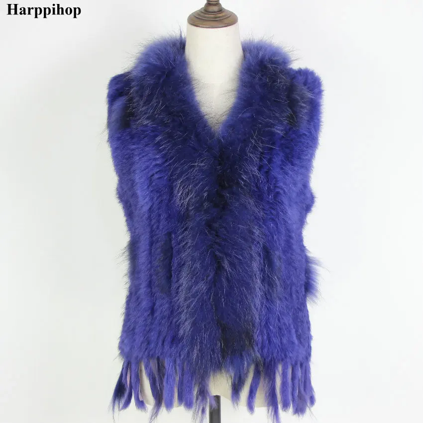 navy blue Harppihop Женский натуральный мех кролика жилет с воротником из меха енота жилет/куртки кролика рекс вязаный зимний - Цвет: navy blue
