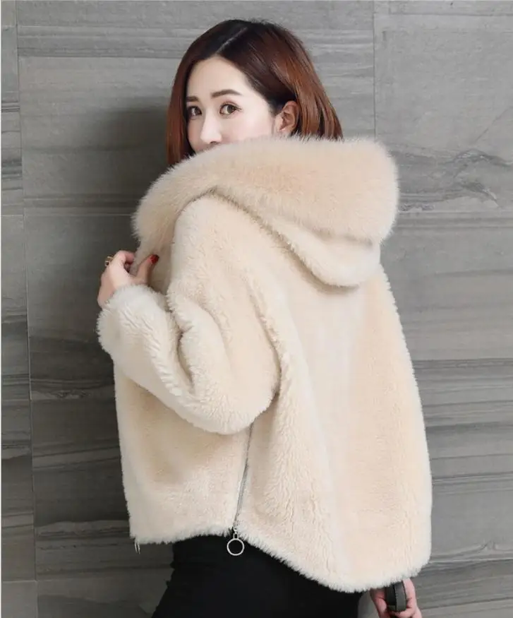 beige Женские осенне-зимние куртки из искусственного овечьего меха, Короткая секция Xs/3XL, женские пальто из искусственного меха с капюшоном, верхняя одежда из искусственного меха K1108 - Цвет: beige