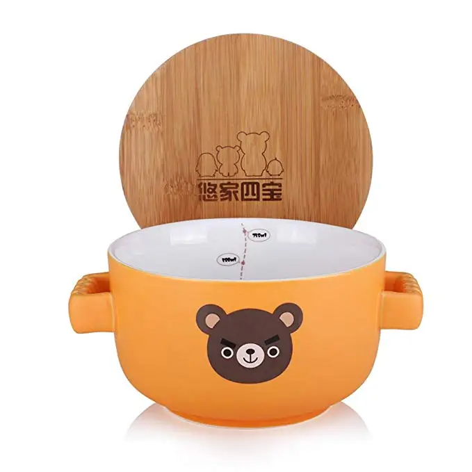 UPSTYLE Large Noodle Bowl Big Cute Cartoon Ceramic Soup Animal Pattern Cup Travel Mug with Bamboo Lid and Handle for Rice | Дом и сад