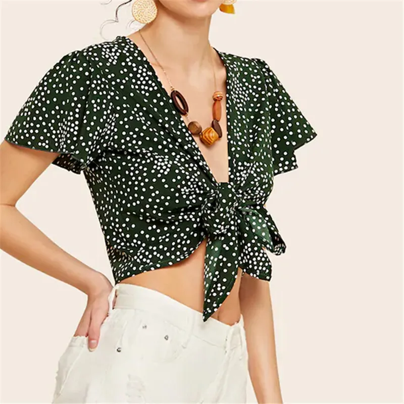 Женский топ в горошек с цветочным принтом и оборками Свободный укороченный