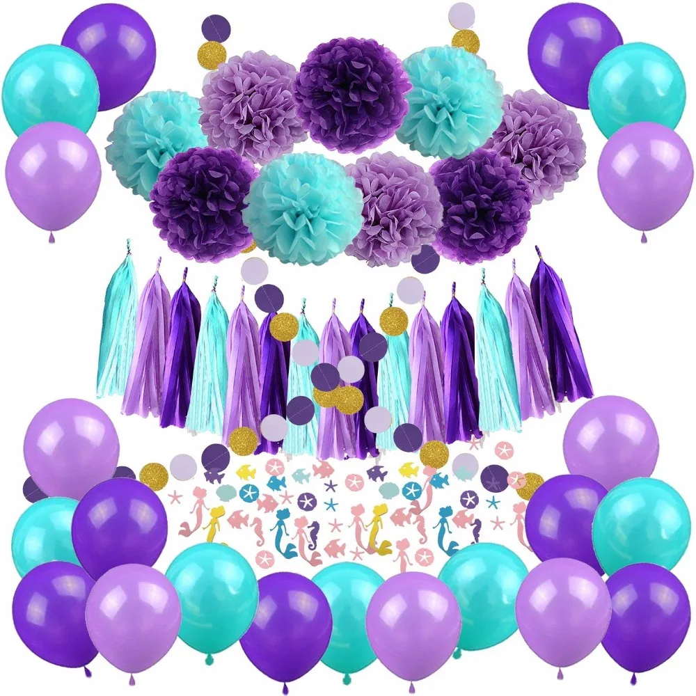 

Mermaid Party Decorations Pom Poms Paper Tassel Garland Banner Mermaid Confetti Balloons for Birthday Baby Shower Party Favors