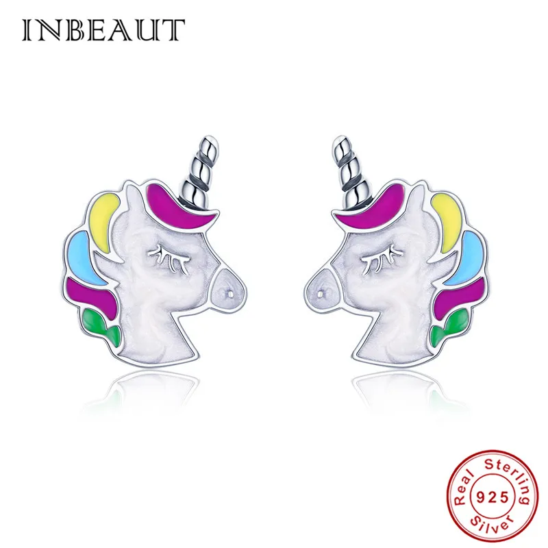 INBEAUT, женские трендовые серьги-гвоздики, 925 пробы, серебряные, цветные, крылья мечты, единорог, милый кот, медведь, серьги с лапами, подарок на день рождения - Окраска металла: p393