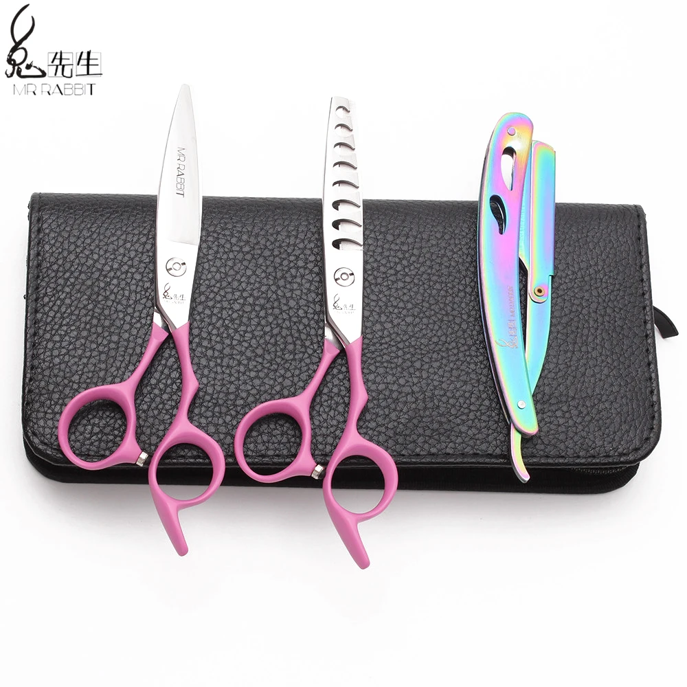 Парикмахерские ножницы 6 дюймов 440C Mr Rabbit розовые с эластичной ручкой для стрижки