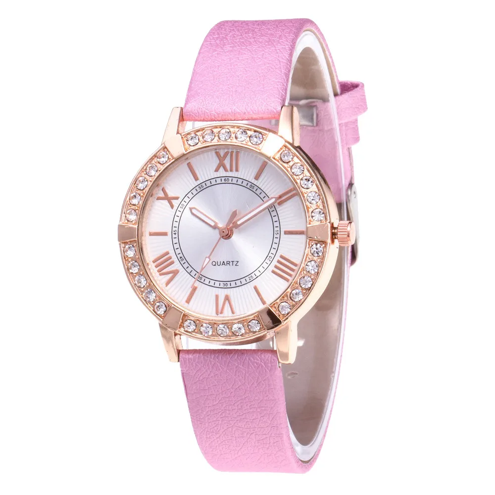 Женские tQuartz Стразы Часы текущий популярный фактор Relojes Para Mujer Montre Femme Marque De Lux Cuir Bayan Saat@ 50 - Цвет: Pink
