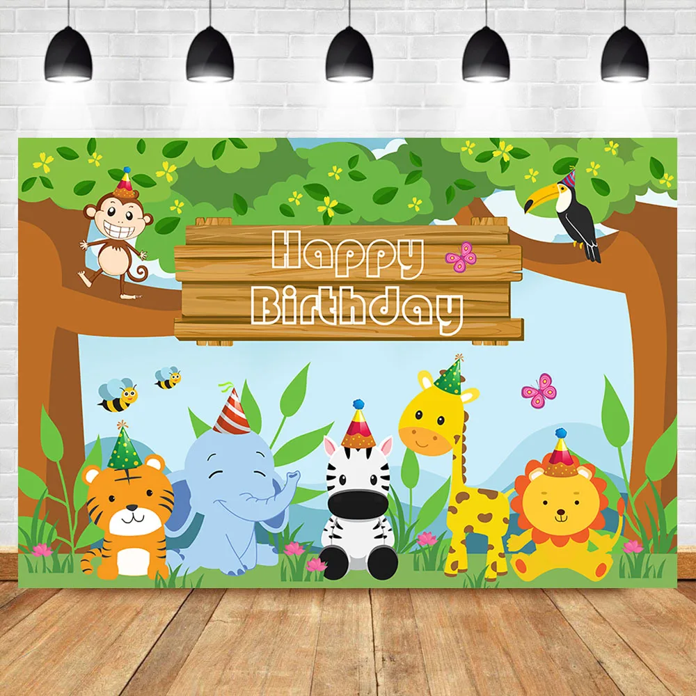 Фон для фотосъемки с днем рождения лес милый слон и тигр животные леса|Фон