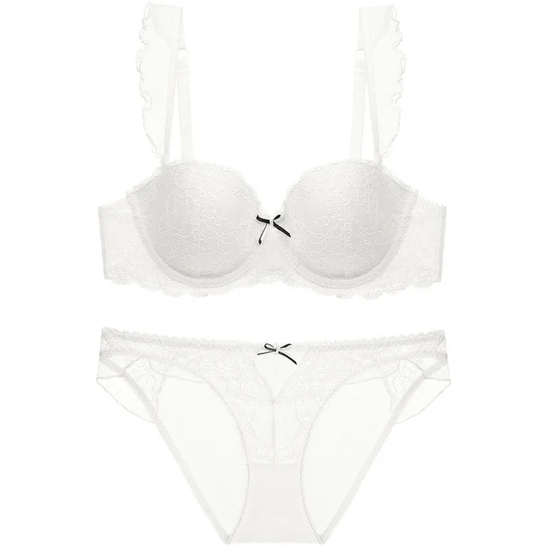 Женское нижнее белье кружевной бюстгальтер с бантиком и пуш апом на бретельках