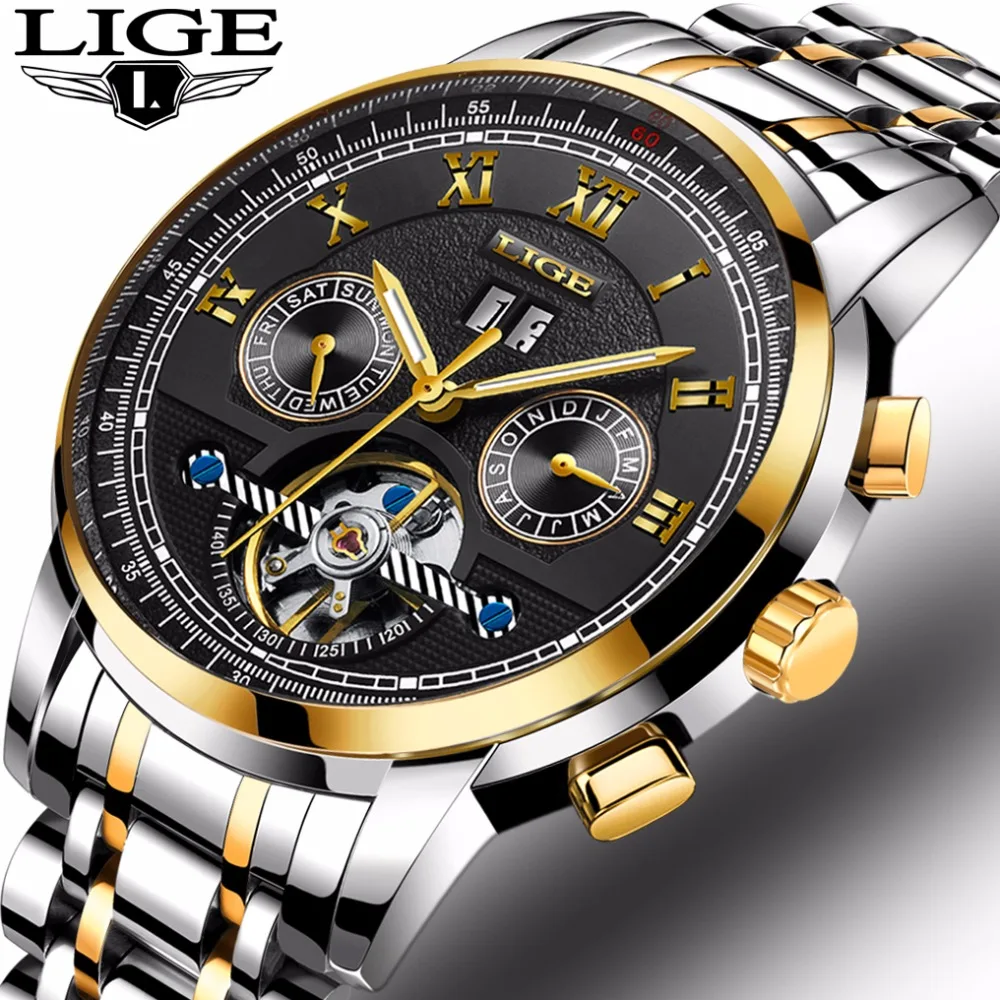 Лучший бренд класса люкс lige Часы Для мужчин S Tourbillon автоматические механические