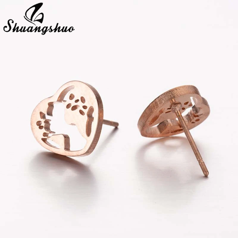 Shuangshuo Stainless Steel Heart World Map Earrings Fashion Cute Mini Earing for Women Ear Piercing Girls Tiny oorbellen | Украшения и