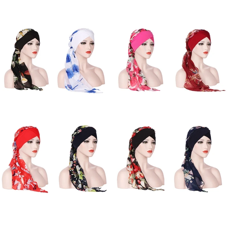 

Women Head Scarf Chemo Hat Muslim Turban Pre-Tied Flowers Printed Headwear Beanie Coverings Summer Head Wrap Chiffon