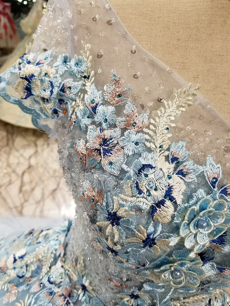 LS5580 Light Blue With Beautiful Embroidery And Sequins Pageant Evening dress 2020 O-Neck Cap Sleeves Cheaper sukienki | Свадьбы и