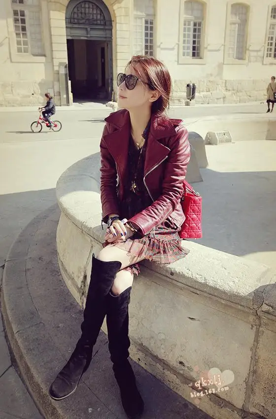 Желтый красный кожаный куртка с меховой воротник натурального ягненка овчины