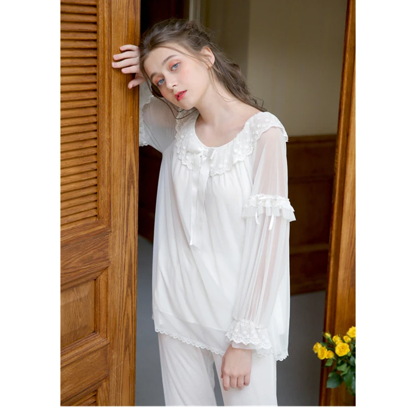 2019 Spring Pajama Set Vintage Sleepwear Women Lace Ruffled Long Sleeve Pyjama Femme Night Sleep Wear Home Suit Lounge T420 | Женская