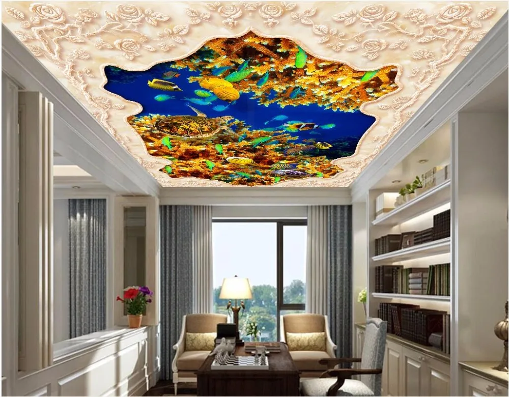 Фотообои на заказ объемные фрески потолок нетканые обои с изображением морского