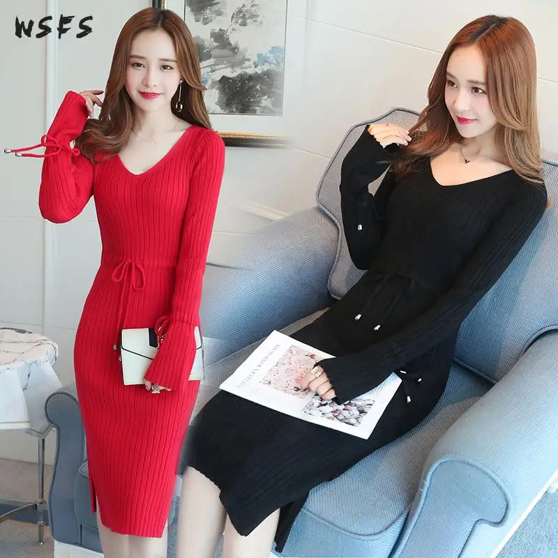 Autumn Winter Sweater Dress Black Coffee Red White Long Flare Sleeve Womens Dresses Bodycon Sexy Ladies Wrap Midi Pencil | Женская