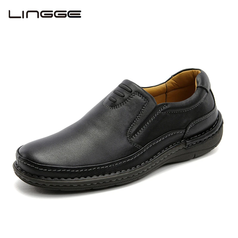 LINGGE Leather Casual Shoes For Men BLACK Genuine Slip-On Loafers New Fashion Business Mens Formal #5181/5182 | Обувь