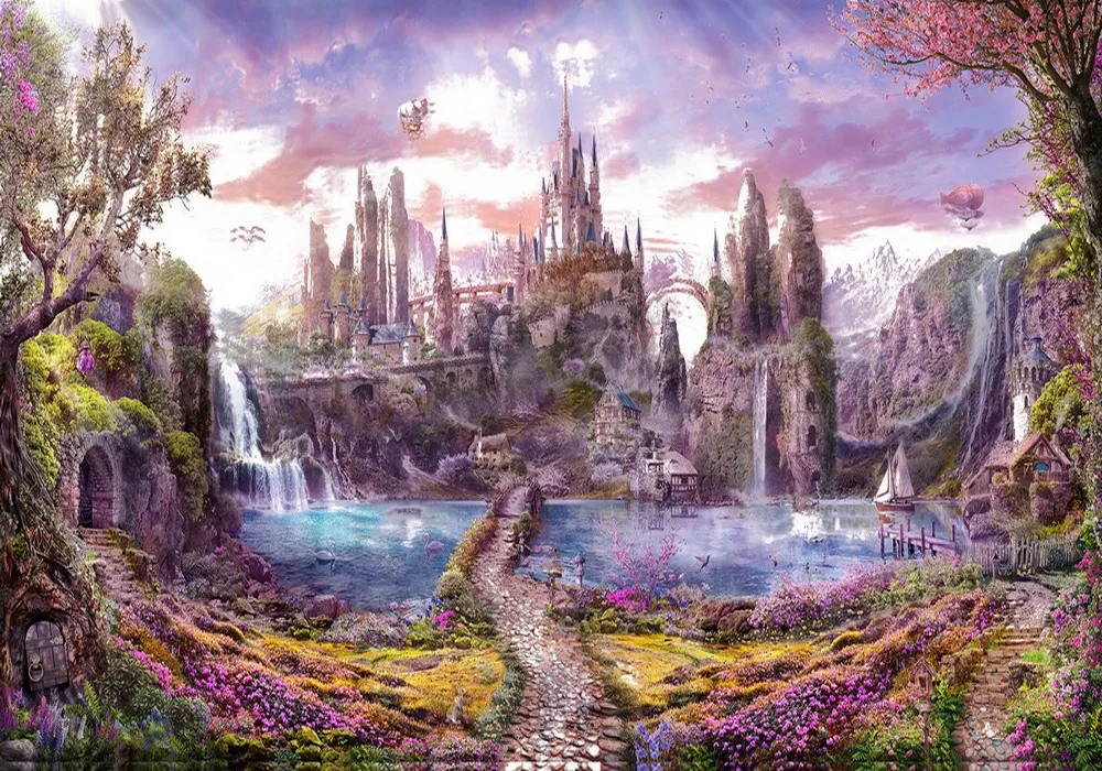 

princess castle fairy tale enchanted Forest waterfall Lake tree backgrounds Computer print wall backdrop