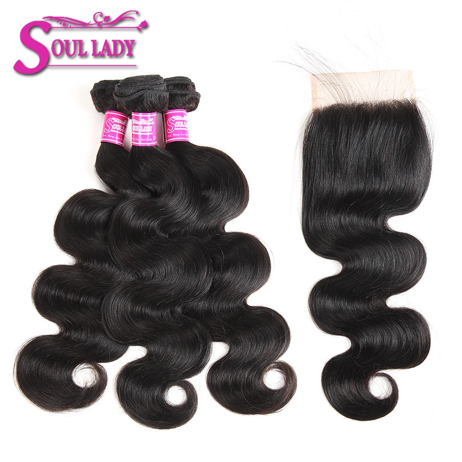 

Soul Lady Transparent Lace Closure With Bundles Brazilian Body Wave Human Hair 3 Bundles With Lace Closure Remy Hair Extensions