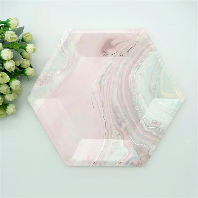 16 шт. розовые мраморные бумажные тарелки вечерние с декором для еды свадебные
