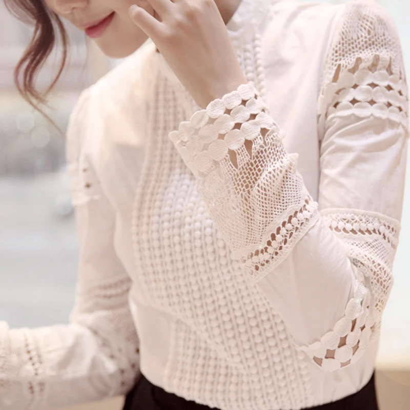 Women Tops And Blouses New 2019 Fashion Slim Long Sleeve White Blouse Shirt Lace Crochet Hollow Out Plus Size Clothes 5XL | Женская