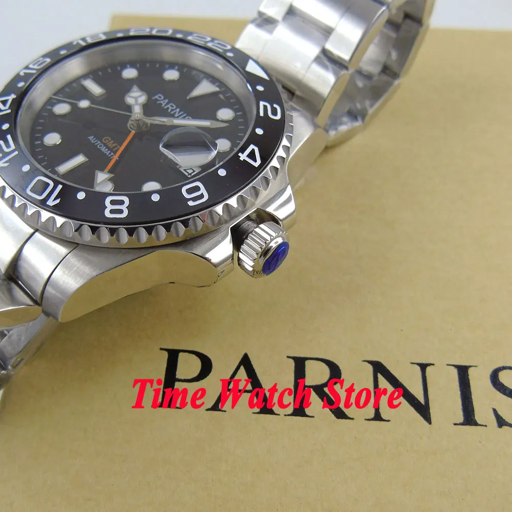 Мужские часы parnis GMT 40 мм сапфировый кристалл Керамическая рамка светящиеся