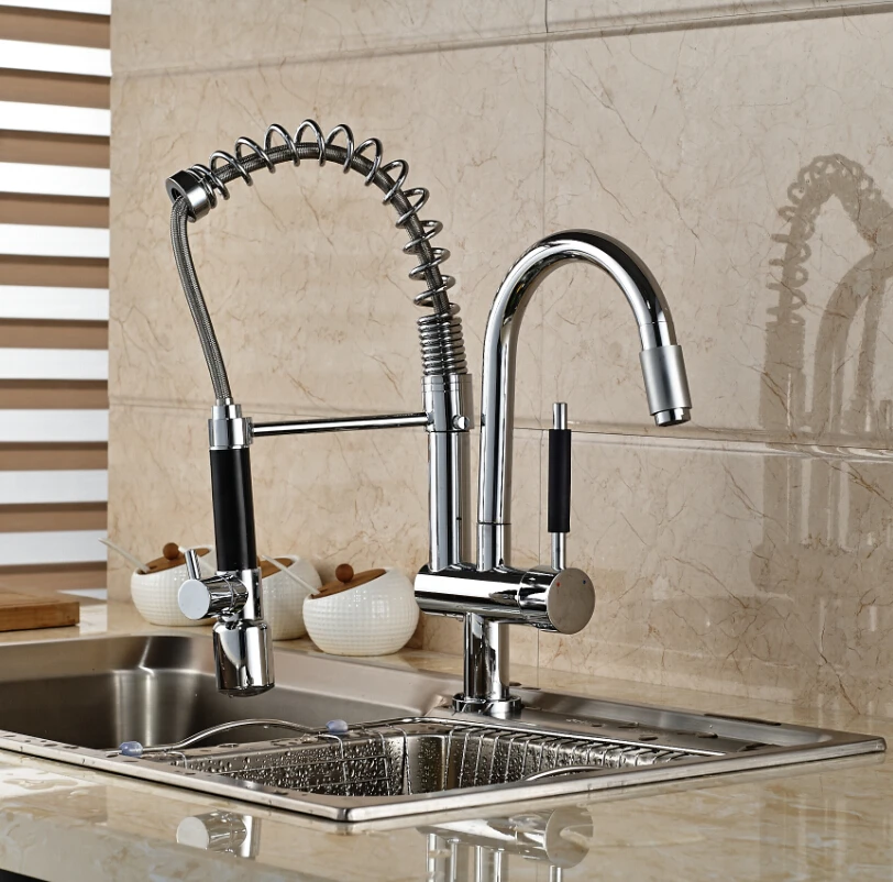 Modern Design Deck Mount Spring Double Swivel Spout Kitchen Mixer Faucet Single Handle with LED Light | Обустройство дома