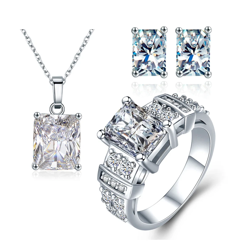 MDEAN White Gold Color Wedding Jewelry Sets AAA Zircon Engagement Rings+Earrings+Pendant Women Fashion Accessories | Украшения и
