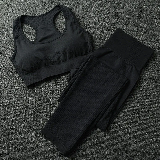 Black 2Pcs Set Комплект из 2 предметов для йоги, Женский бесшовный пуш-ап спортивный бюстгальтер, бюстгальтер+ Спортивная одежда для фитнеса, высокая талия, комплект для йоги, спортивные Леггинсы, спортивная одежда для бега - Цвет: Black 2Pcs Set