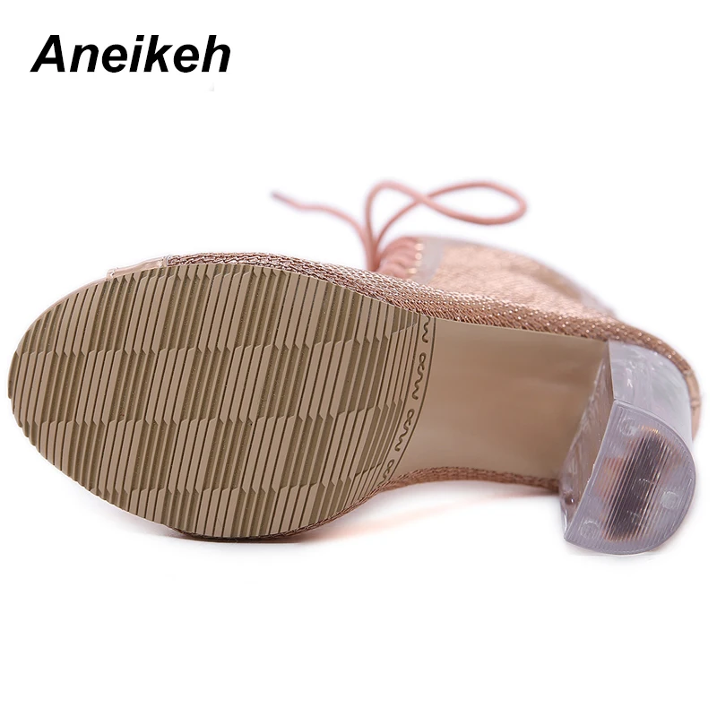 Aneikeh/женские ботильоны на шнуровке; сандалии с открытым носком; Botas Mujer; ботинки-гладиаторы на высоком каблуке; модные блестящие Прозрачные ботинки на не сужающемся книзу массивном каблуке