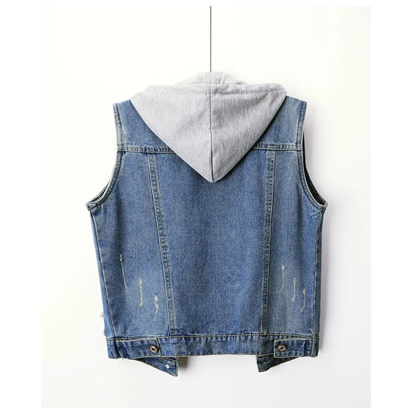 Женский джинсовый жилет без рукавов короткий с капюшоном Повседневная джинсовая