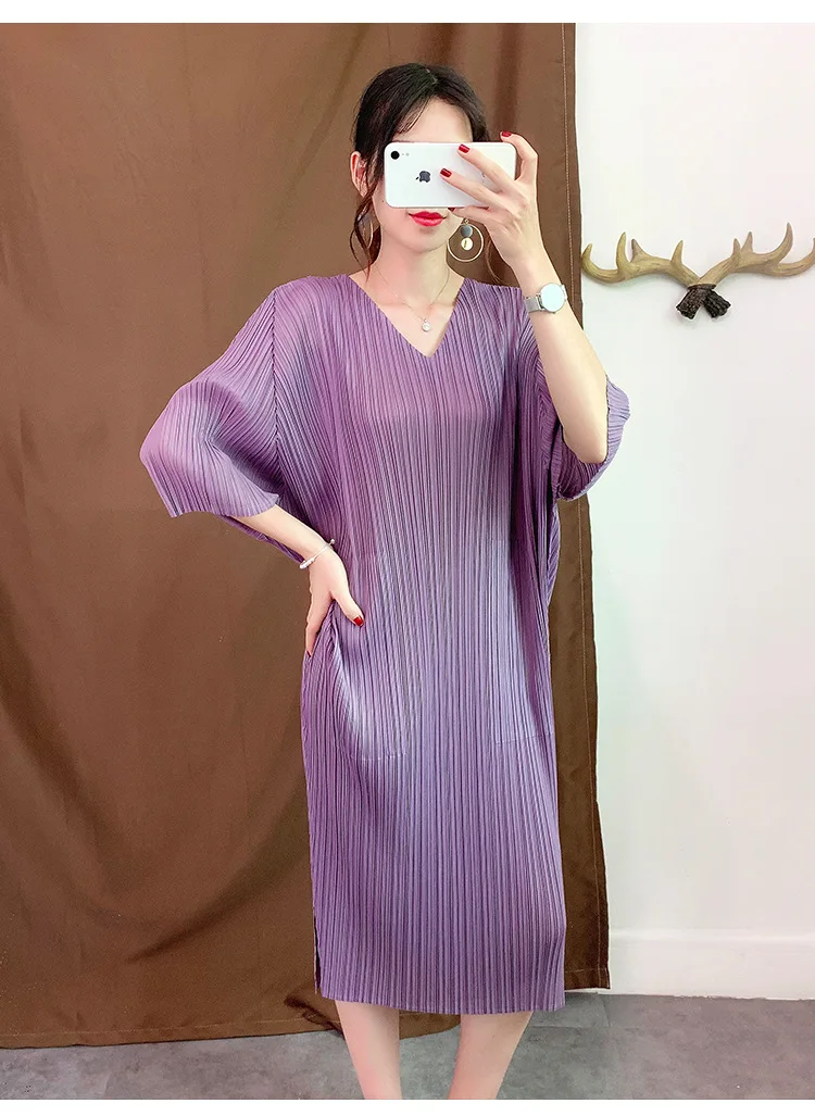 Miyake fold платье с v-образным вырезом летнее Новое свободное платье плюс размер рукав летучая мышь Плиссированное женское платье sanzhai