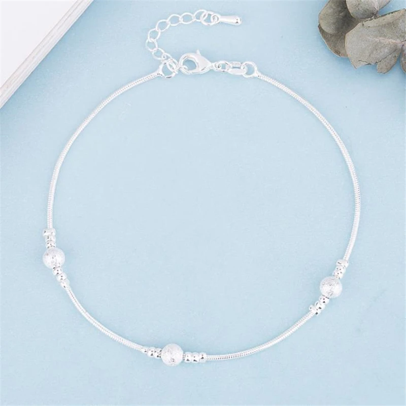 KOFSAC Fashion 925 Sterling Silver Beaded Link Chain Anklet For Women Ankle Bracelet Female Jewelry Wholesale Girl Best Gift | Украшения и