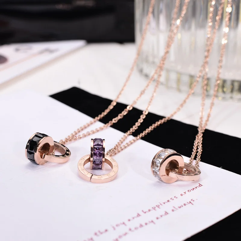 

YUN RUO 2019 Rose Gold Color Fashion Double Circles Colored Zircon Pendant Necklace Titanium Steel Woman Jewelry Gift Never Fade