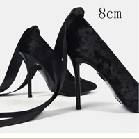 black 8cm Бархатные женские туфли-лодочки на шнуровке; элегантные женские туфли-лодочки с острым носком; модные офисные женские туфли на высоком каблуке; женская обувь для вечеринок; SWB0006 - Цвет: black 8cm