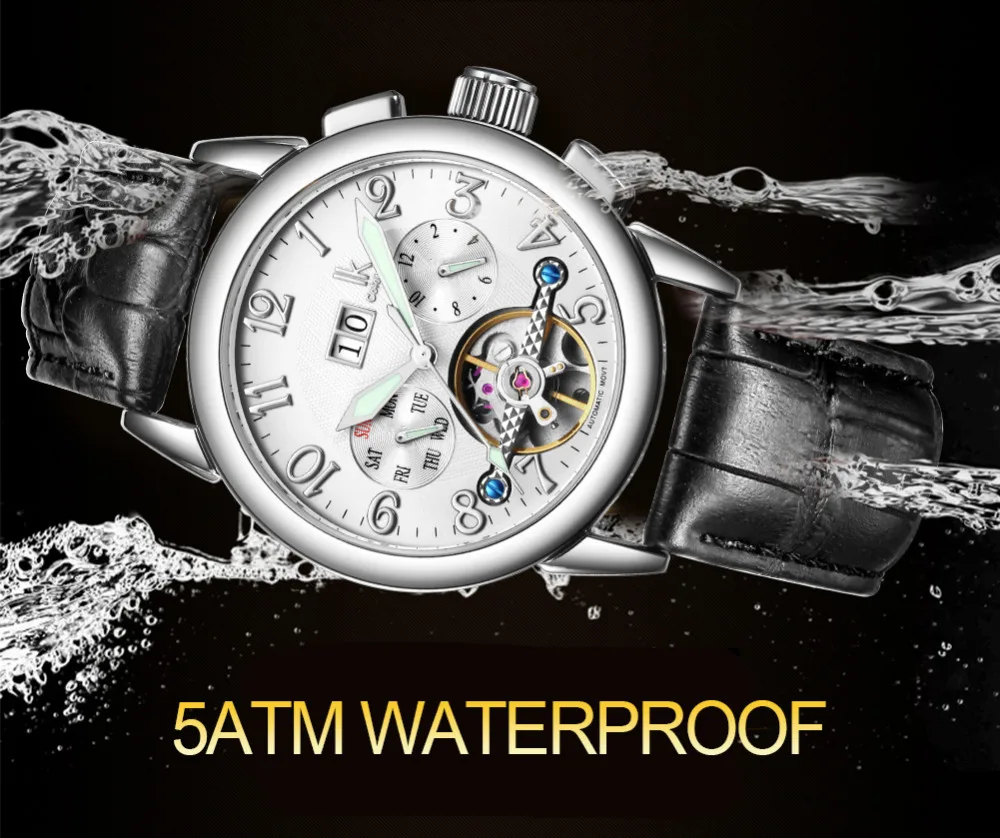 IK день недели Дата Роскошные Для мужчин's watch Automatic механические часы ремень из натуральной кожи Скелет часы Спорт Военные мужские часы