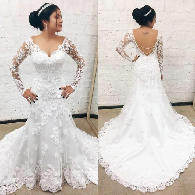 

2021 Vestido De Noiva Long Sleeve V Neck Wedding Gowns Robe De Mariage Sexy Backless Lace Mermaid Wedding Dresses