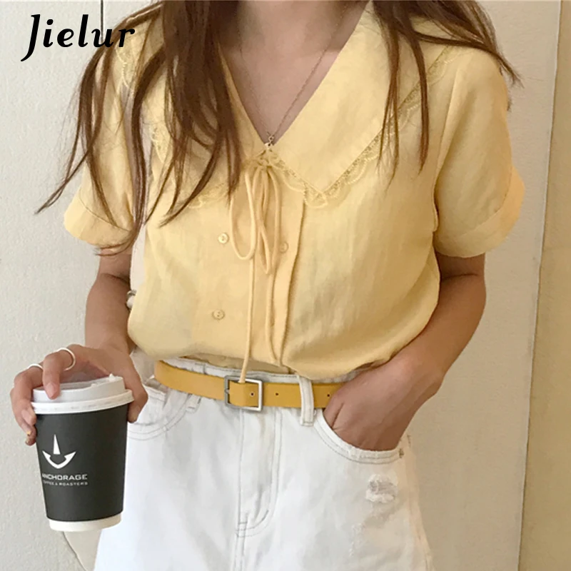 Jielur женские рубашки на шнуровке однотонная блуза с коротким рукавом Женская