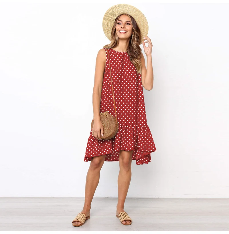 Vestidos, сексуальное ДРАПИРОВАННОЕ женское платье, новинка, летнее, без рукавов, повседневное, ТРАПЕЦИЕВИДНОЕ, свободное, в горошек, с принтом, Пляжное, короткое, мини, сарафан