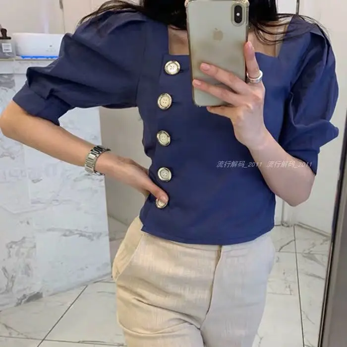 Тёмно-синий RUGOD New Arrival Women Solid Slim Shirt Square Collar Half Puff Sleeves Single-breasted Blouse Korean Temperament Tops - Цвет: Тёмно-синий