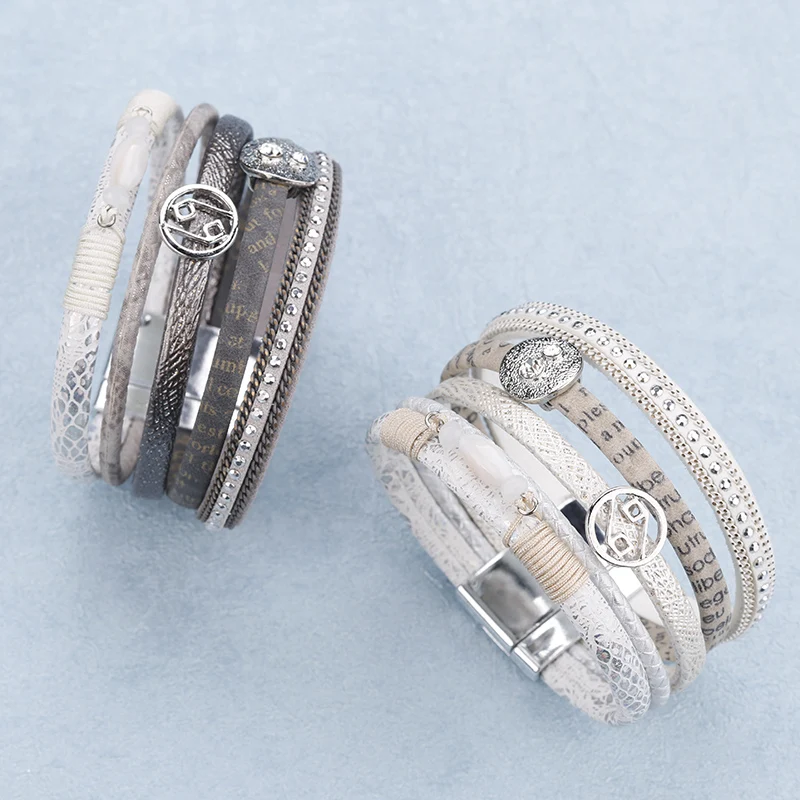 Женский многослойный браслет ALLYES широкий винтажный из кожи и сплава с